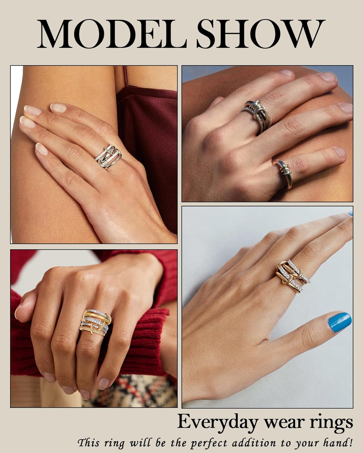 TLY Gold Silver Stackable Rings for Women Mixed Metal Interlocked Statement Ring Stack 14K Gold Plated Cubic Zirconia Fashion Two Tone Connected Bands Size 4-11 Valentines Day Jewelry gifts - Image 4