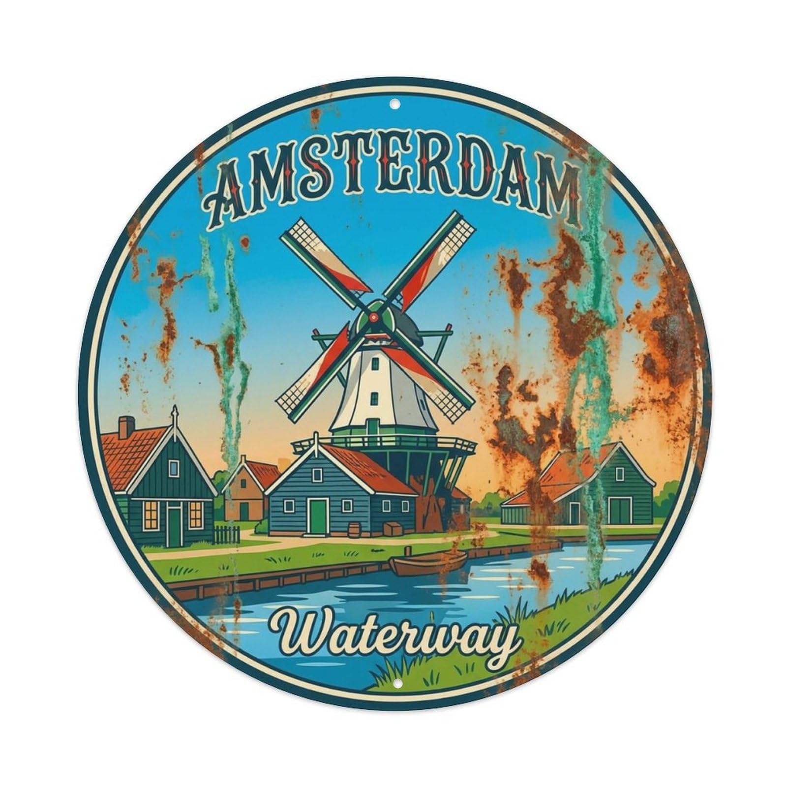 Vintage Travel Amsterdam Netherlands Windmill Metal Tin Sign