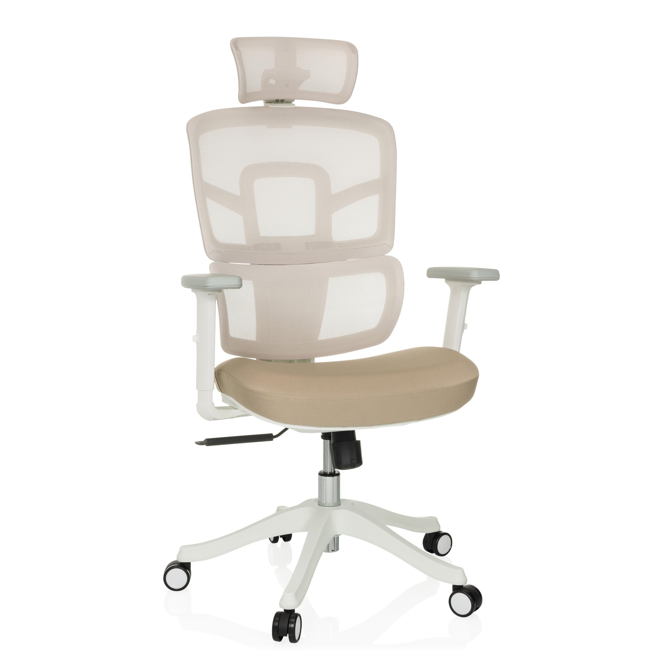 MyBuero Silla ergonómica giratoria ERGOMY I W Silla de Oficina con Apoyo Lumbar Flexible, reposacabezas, reposabrazos, Respaldo de Malla, Tejido Beige