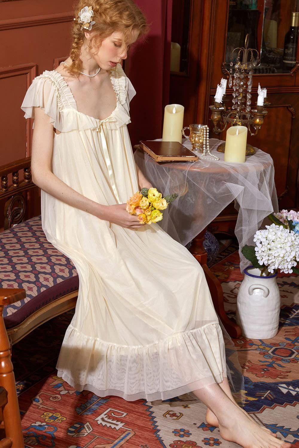 SINGINGQWEEN Womens' Summer Victorian Nightgown Babydoll Chemises Sleepwear Sheer Nightdress Bridal Nighty Pajamas: Small Apricot