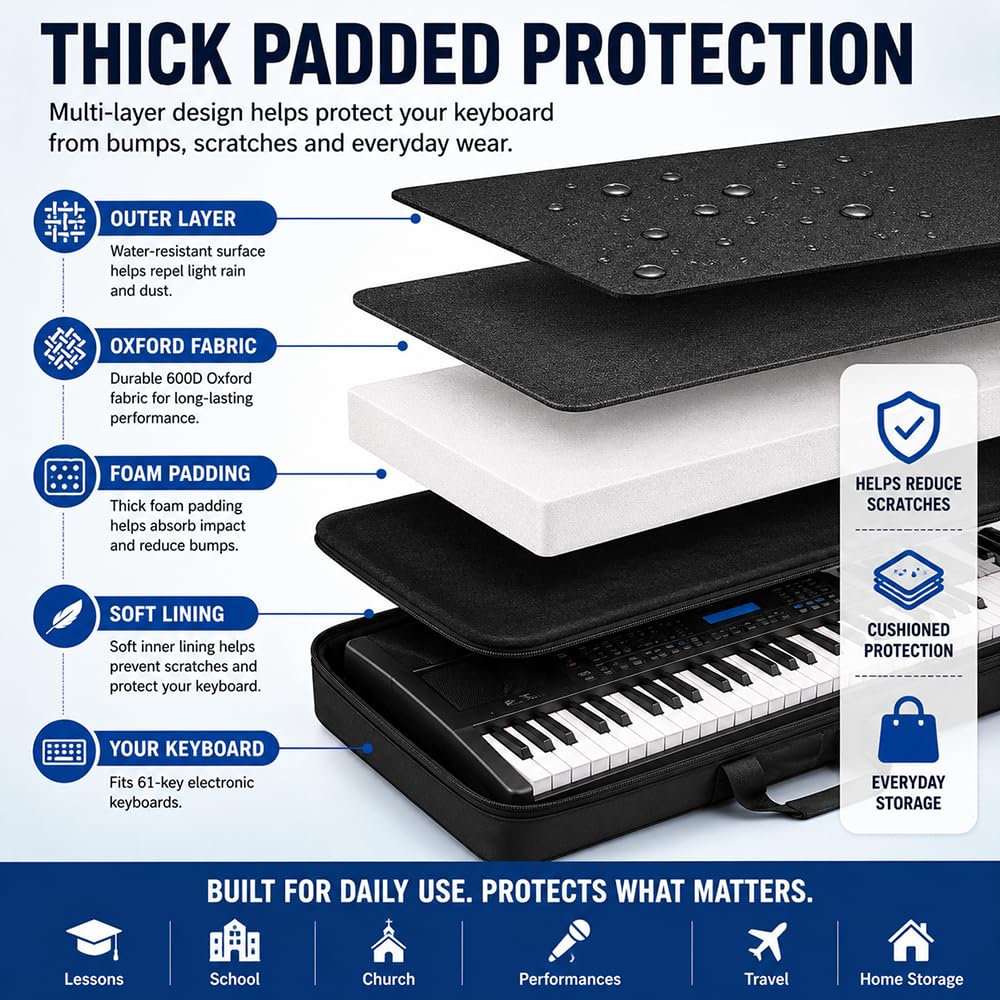 61 Key Keyboard Carrying Case, Padded Electronic Keyboard Bag with Large Storage Pocket, Portable Digital Piano Gig Bag with Shoulder Strap and Handle