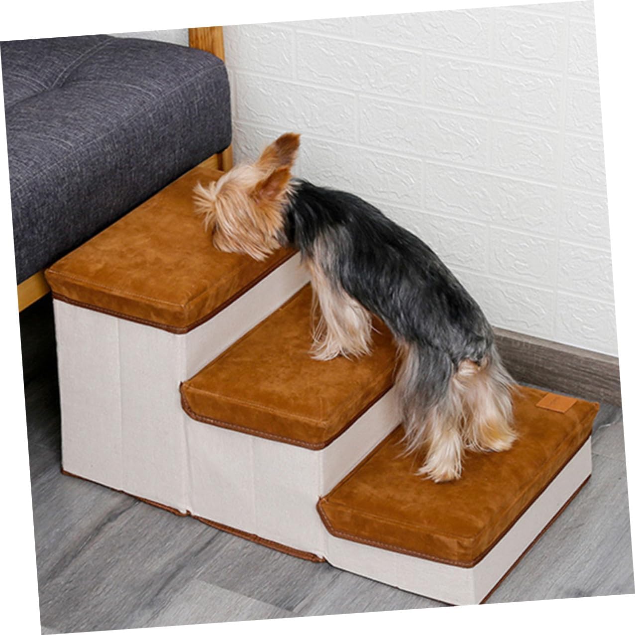 HEMOTON Foldable Three-Step Pet Stair Ramp for Dogs and Cats Non-Slip Indoor Puppy Ladder with Brown Frame Space-Saving Pet Climbing Plaything for Small to Medium