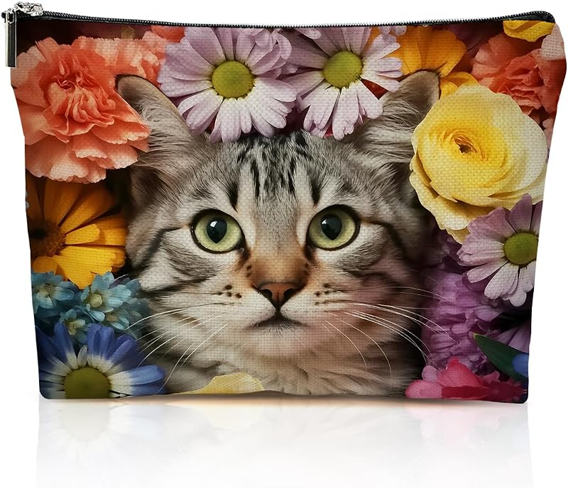 Necessaire YRZGBNM com estampa floral de gato malhado, zíper, Multicolor 101