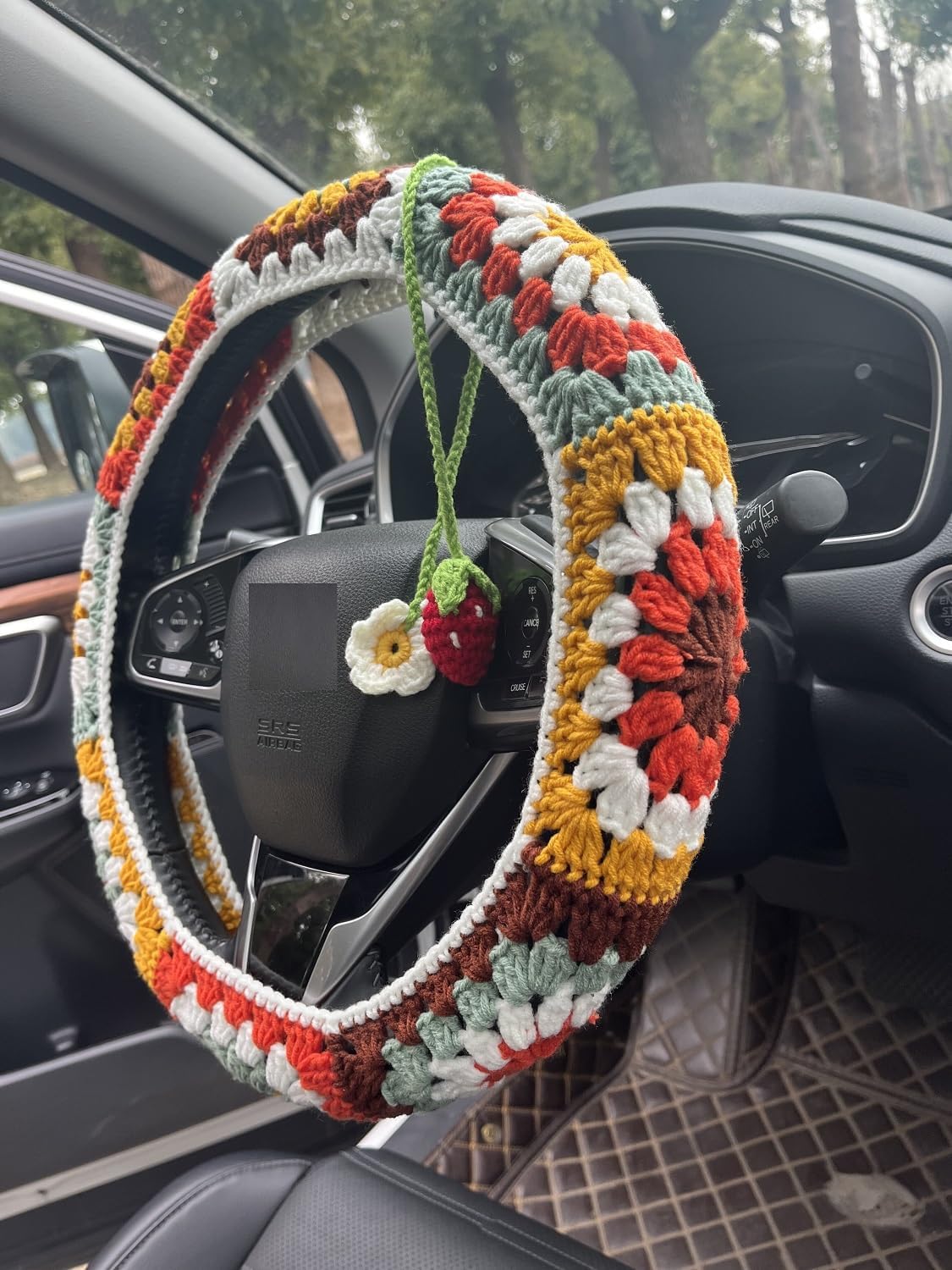 Steering Wheel Cover,Handmade Crochet Rainbow Sunflower Granny Square Steering Wheel Covers (Steering Wheel Cover+1strawberry) - Image 2