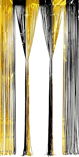 Miniatura 6 de BRAVESHINE Cortinas de flecos de papel de oropel de 3.2 x 8.2 pies, paquete de 2 cortinas de fondo metálico negro dorado para cabina de fotos para