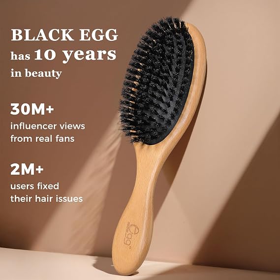 BLACK EGG Boar Bristle Hair Brush for Women Men Kid, Soft Natural Bristles Brush for Thin and Fine Hair, Restore Shine and Texture, Set includes Bamboo comb and 3 hair ties, Excellent Gift Idea