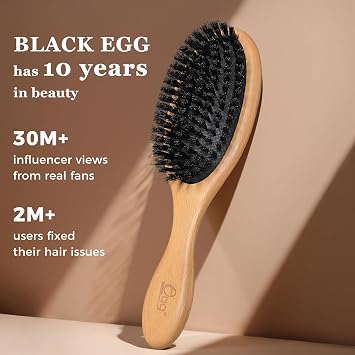 BLACK EGG Boar Bristle Hair Brush for Women Men Kid, Soft Natural Bristles Brush for Thin and Fine Hair, Restore Shine and Texture, Set includes Bamboo comb and 3 hair ties, Excellent Gift Idea