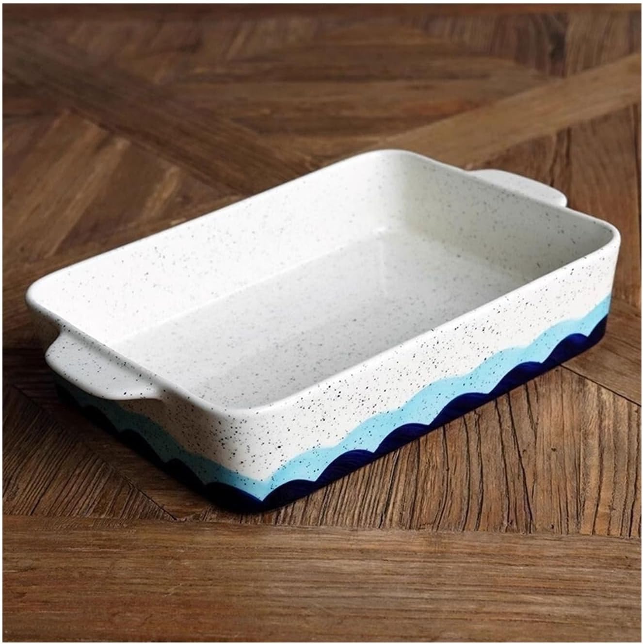 Lasagna Pans Blue Wave Pattern Underglaze Color Ceramic Porcelain Plate Double Ear Large Baking Dish Steamer Plate Multifunctional Household Dinner Plate Lasagne Dish,