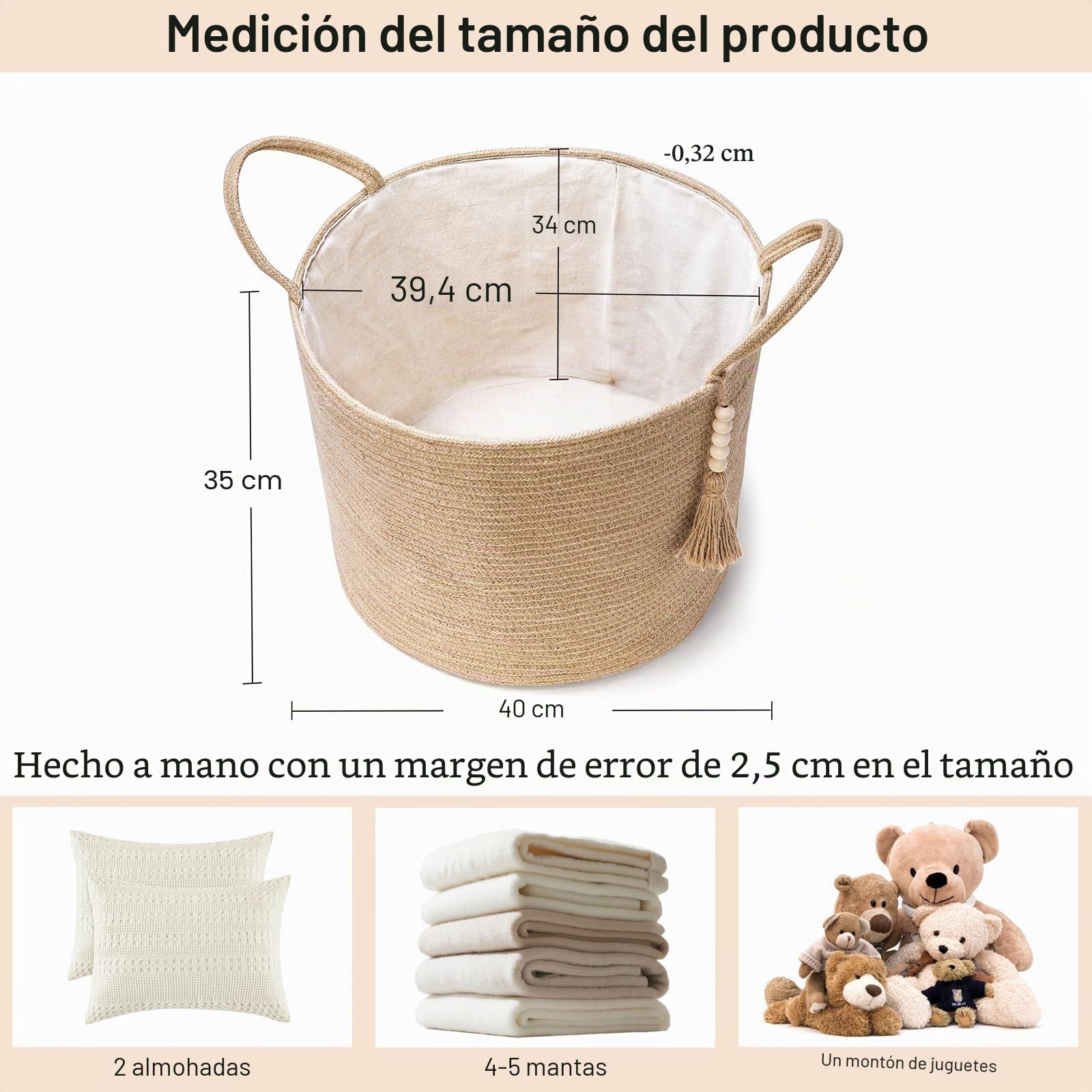 Mkono Cesta de almacenamiento tejida decorativa de cuerda natural, decoración de cuentas de madera para mantas, juguetes, ropa, zapatos, organizador de plantas con asas, sala de estar, decoración del