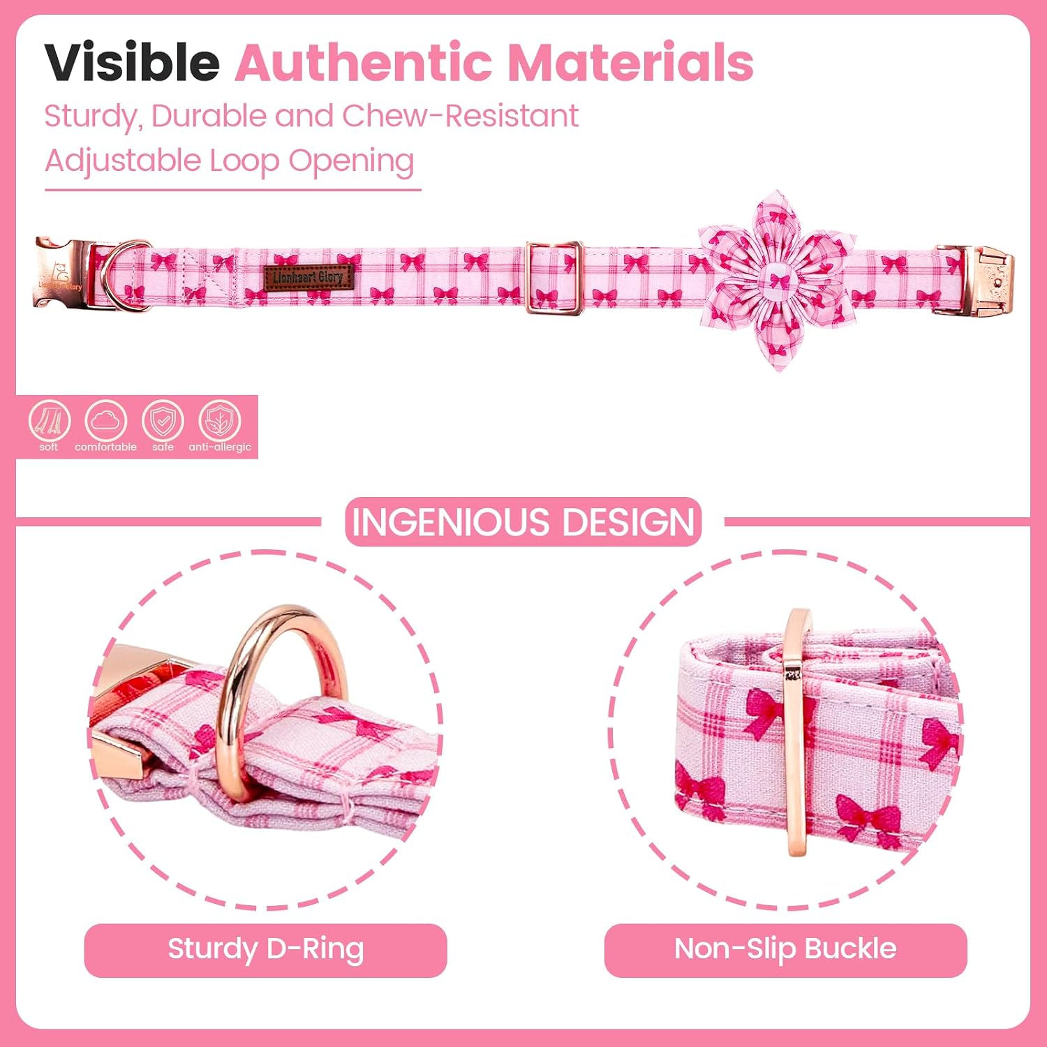 Lionheart glory Dog Collar with Flower - Dog Collar with Flowers Adjustable Sturdy Pink Bow Pattern Dogs Collars for Large Male Female Spring Holiday Pet Collars image 2