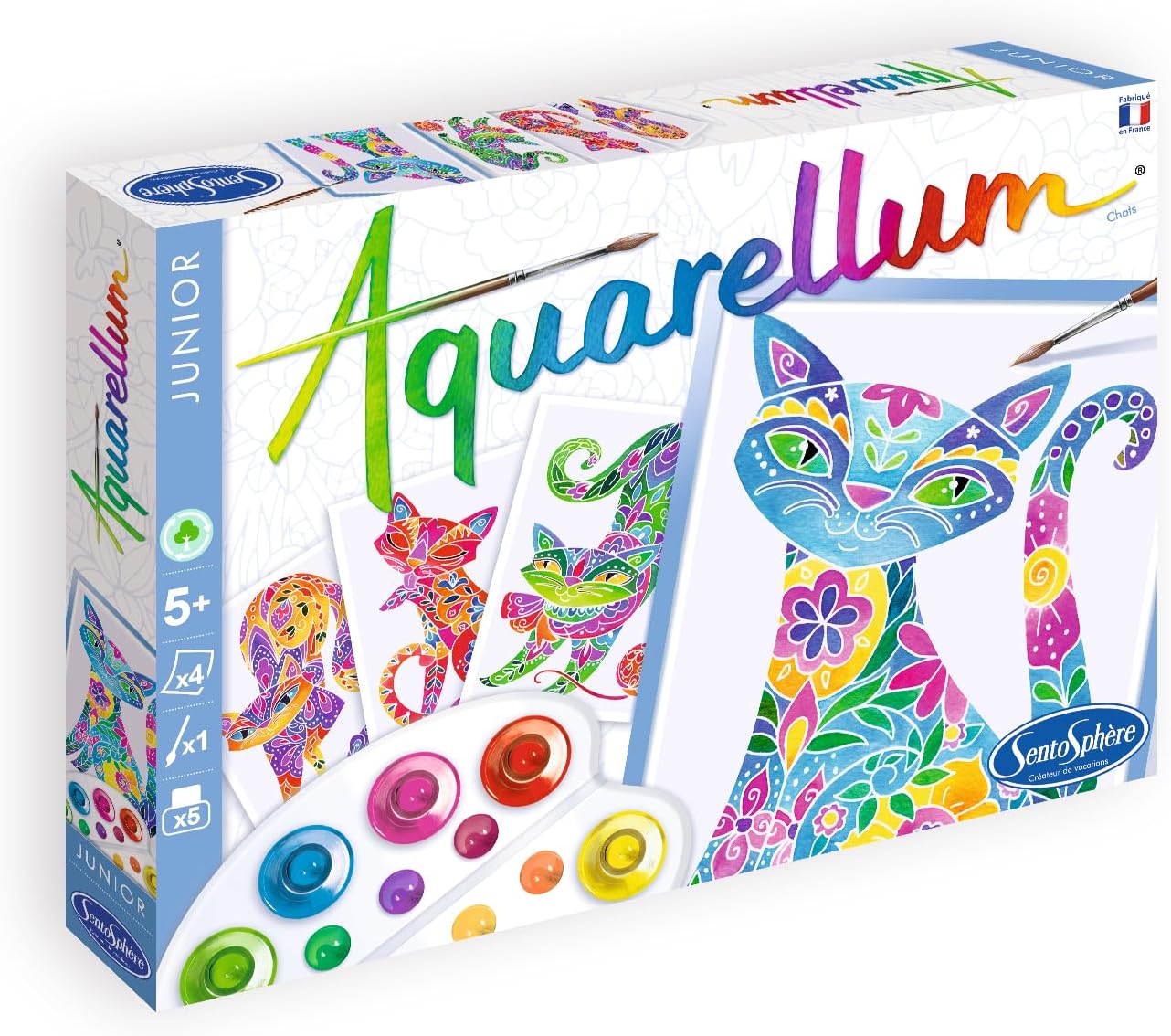 Sentosphère 3906512 Aquarum Junior Watercolour Painting Set for Children, Cat Motif, DIY Creative Set, Craft Set, Painting Set from 6 Years