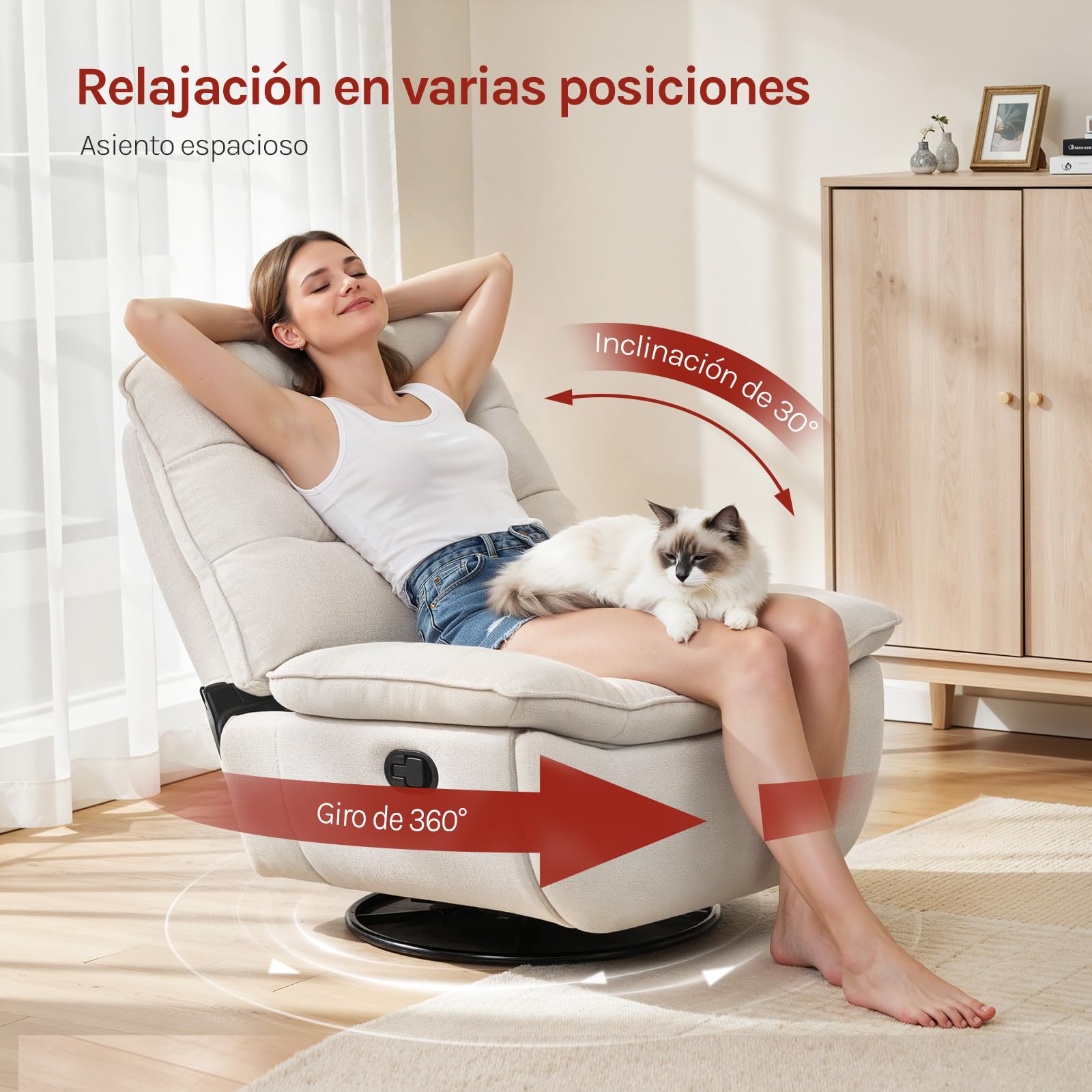 WOLTU Sillón Reclinable con Reposapiés, 360° y Asiento 95 cm, Beige | Sillón Relax con Giratorio, Sofa Individual, con Almacenamieinto Lateral, Estructura Metálica, Tapizado en Lino Sintético