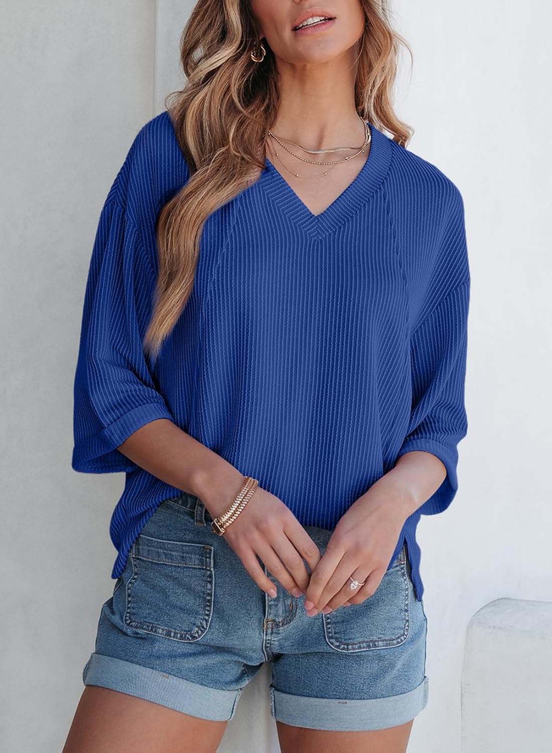 EVALESS Womens Summer Tops Trendy Dressy Casual 3/4 Sleeve Loose Solid Textured Tunic Tops Blouses Oversized T Shirts - Image 2