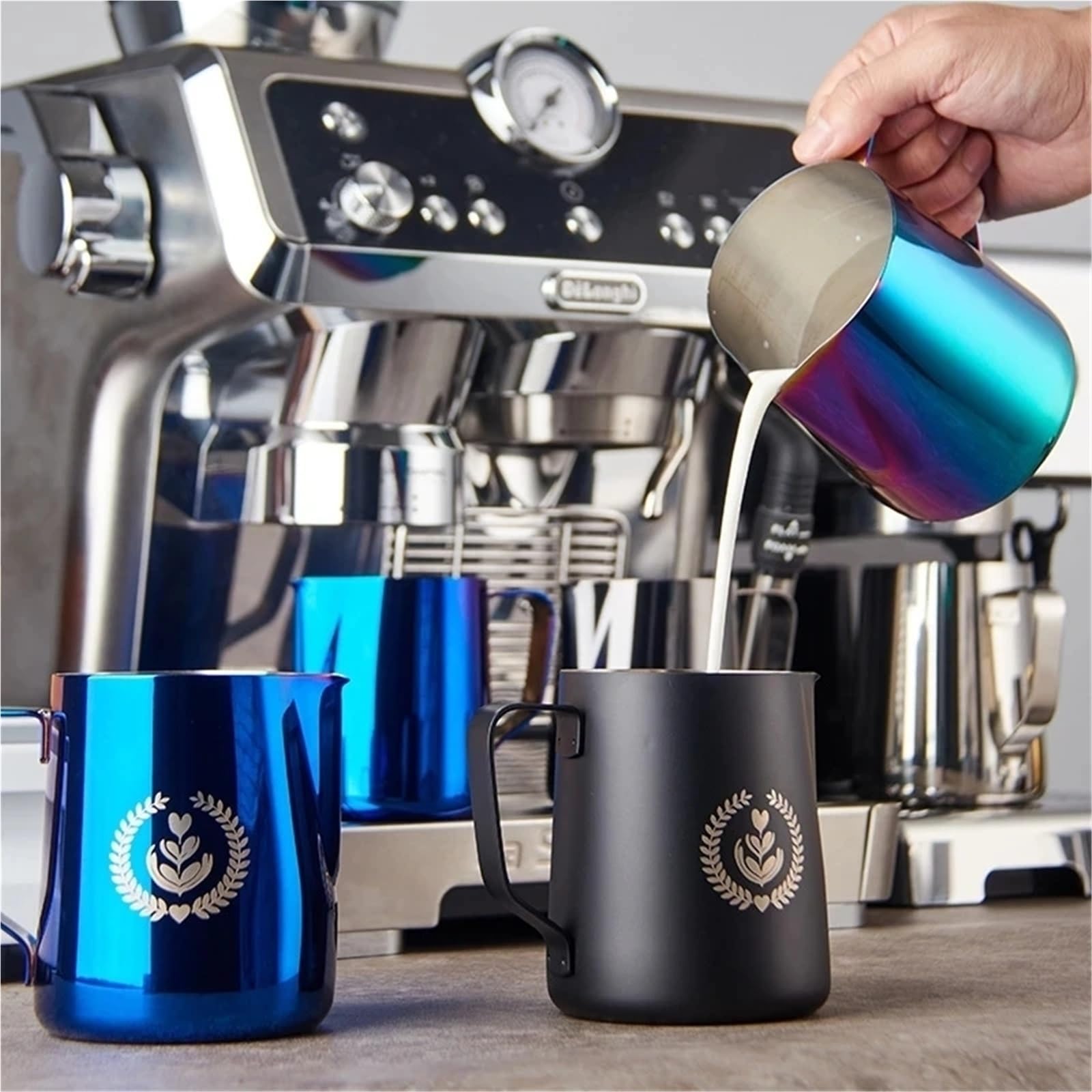 Jarra de espuma leche acero inoxidable, tarro y café, lata, accesorios for con, 2 uds Para Espumar(350ML Blue)