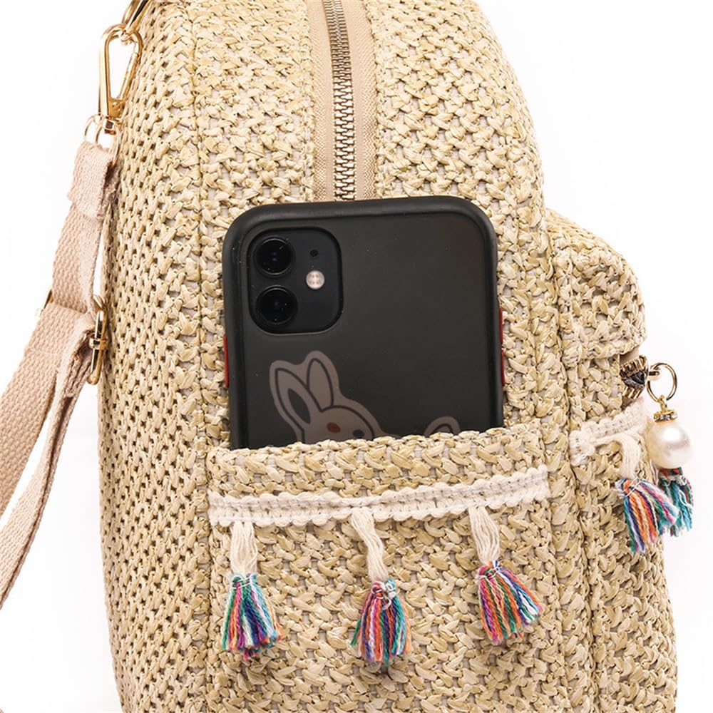 Mochila De Paja Para Mujer Bolso de hombro con borlas de estilo étnico for mujer Mochilas de paja