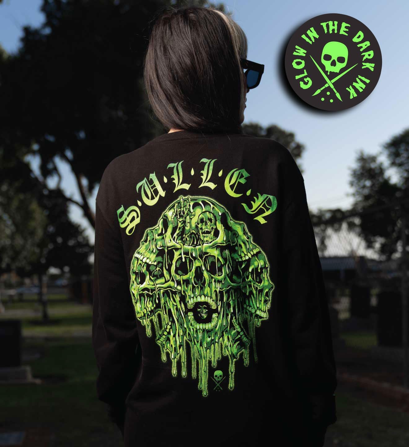 Sullen Men's Melting Skulls Sulleween Capsule Tattoo Lifestyle Graphic Glow in the Dark Premium Long Sleeve Tee Black