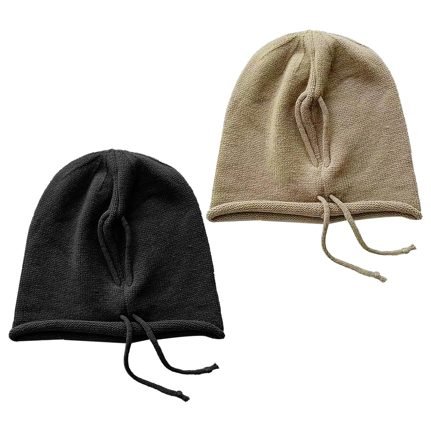 Wufgwbd Unisex Black 2 Pieces Of Drawstring Knitted Hats, Simple Solid Color Pullover Hats, Elastic Beanie Hats, Winter Warm Hats, Fashionable Women's Hats