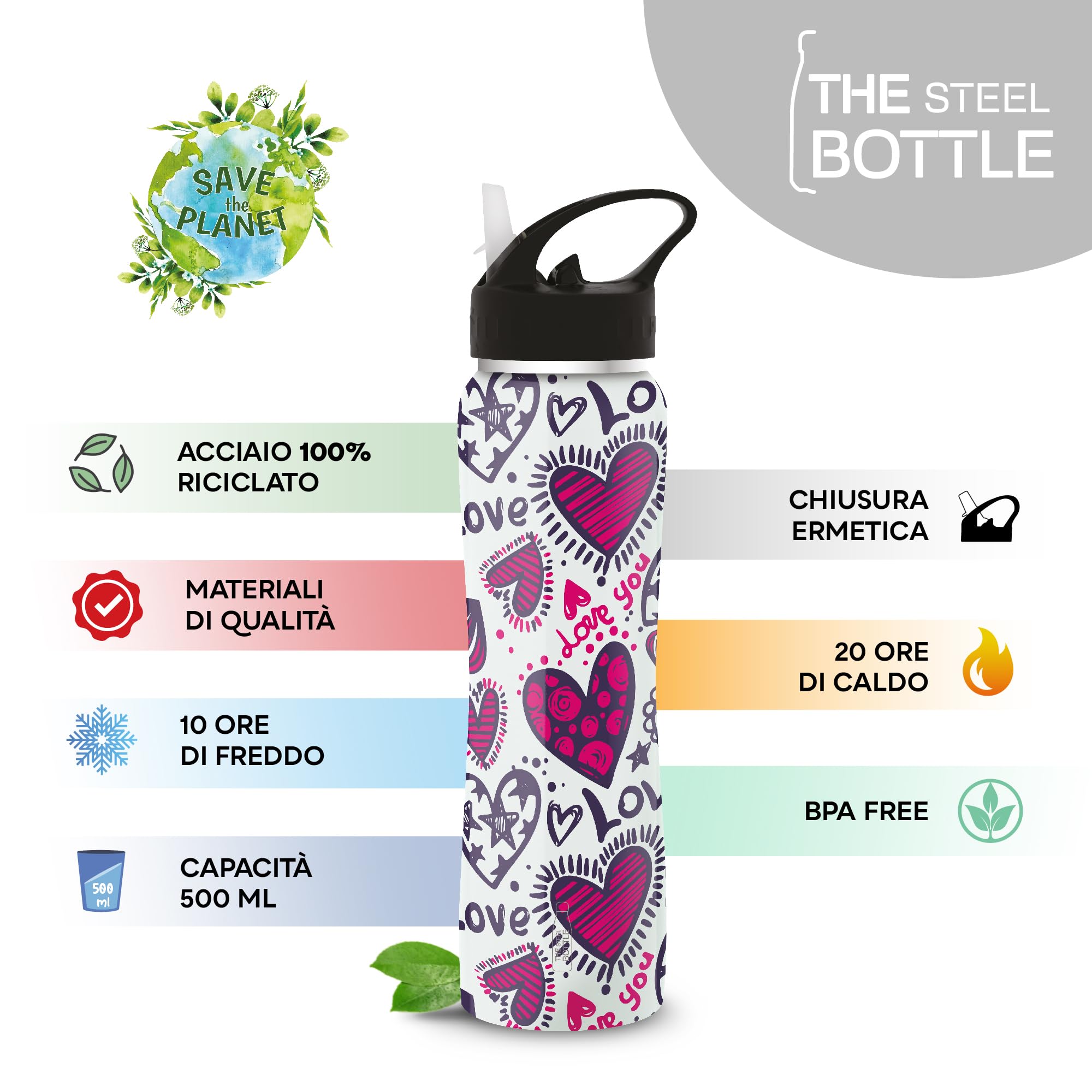 The Steel Bottle - Botella térmica de Acero Inoxidable, Aislamiento al vacío de Doble Pared, Capacidad 500 ml, Cierre hermético, Botella portátil