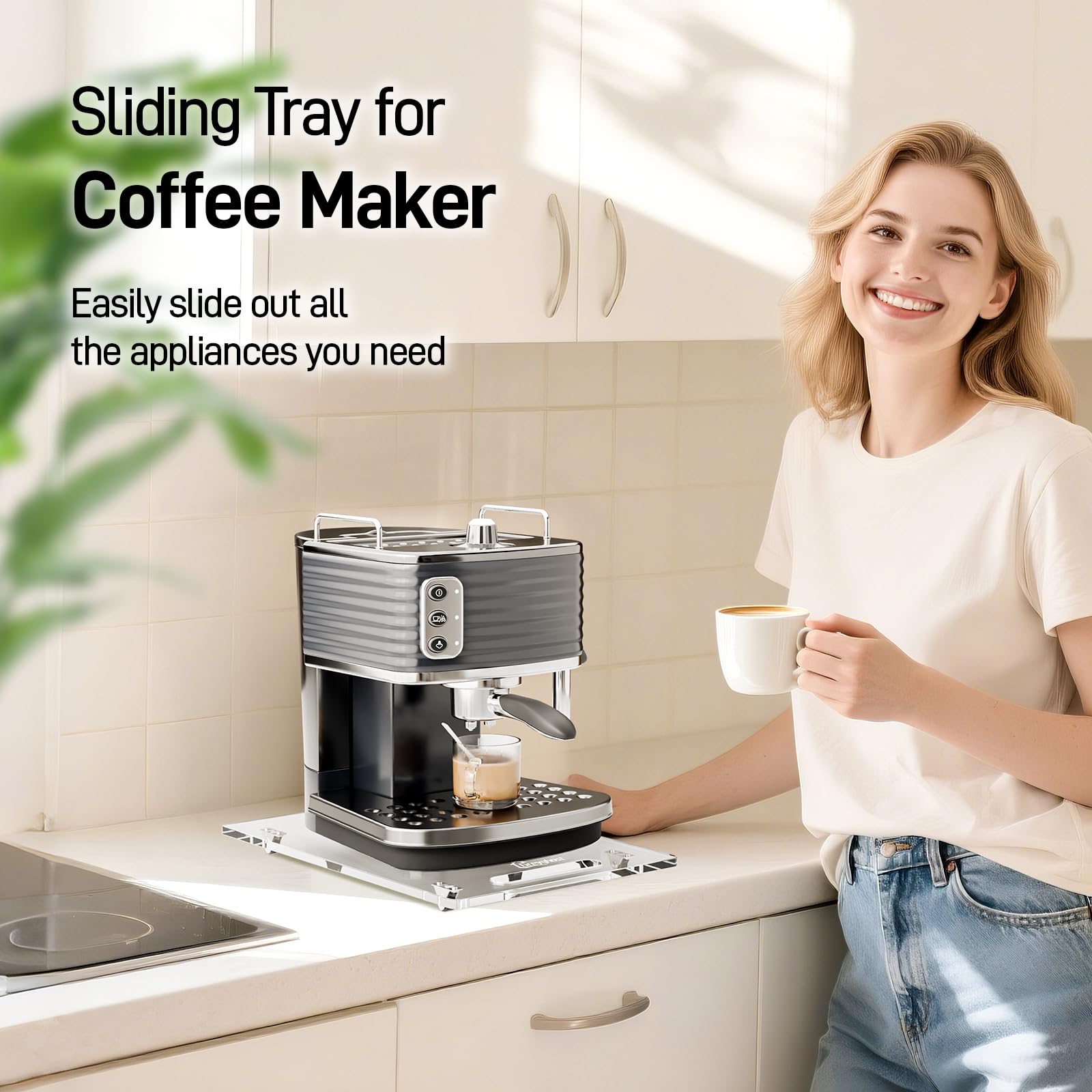 Kitchen Appliance Slider Tray with Silent Wheels, Heavy-Duty Countertop Organizer for Coffee Maker, Mixer, Espresso Machine, Clear Acrylic Kitchen Accessories for Mother Gift 9.84