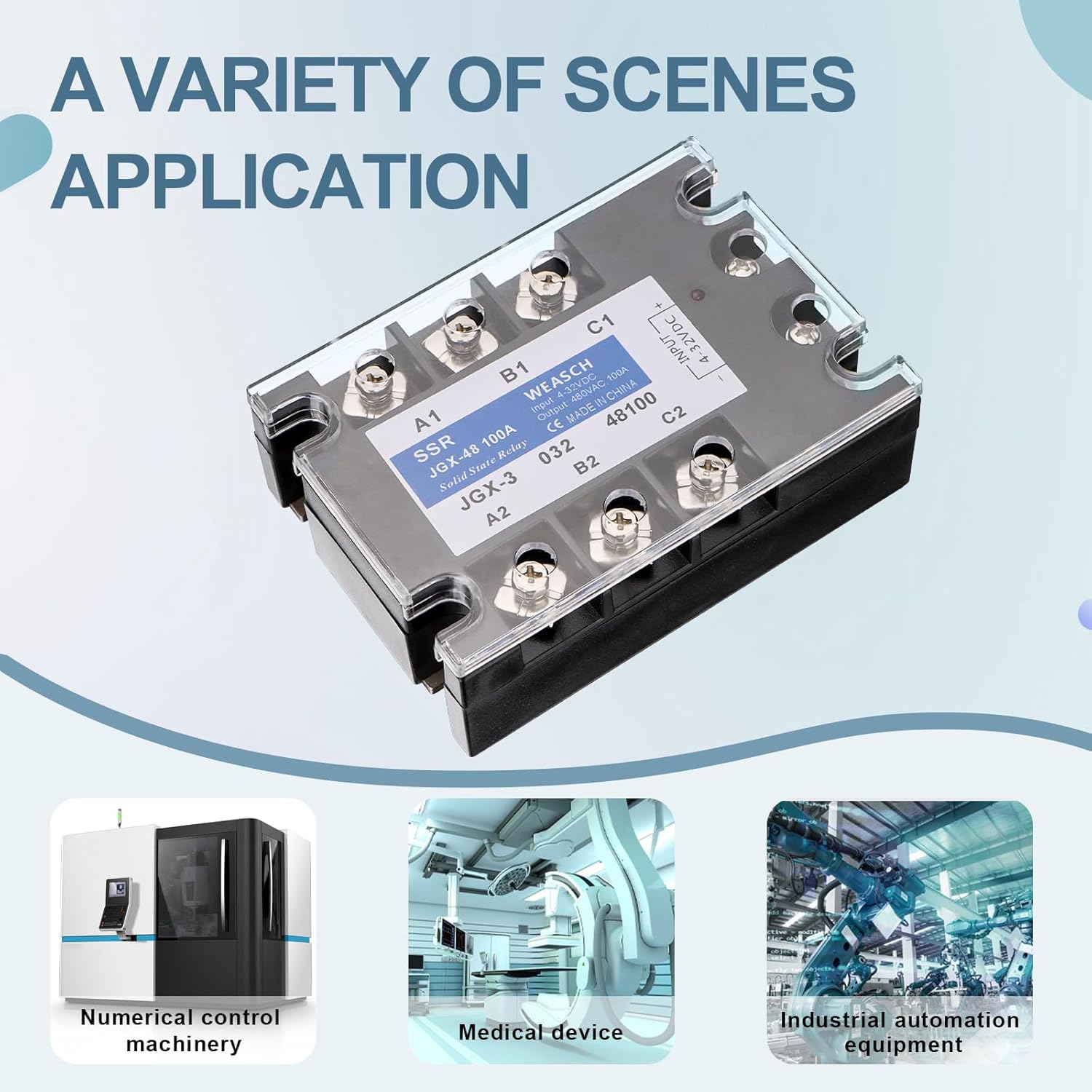 3 Phase Solid State Relay, JGX-48 100A, DC to AC, Input 4-32VDC to Output 480VAC 100A (1)