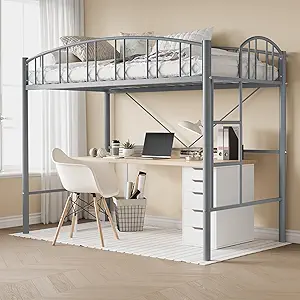 Garvee Loft Bed Twin Size with Ladde and Arched Guardrail, Heavy Duty Metal Loft Bed Frame for Kids and Adults, Sturdy Steel Slats Support, Small Space Saving Design, No Box Spring Needed, Gray