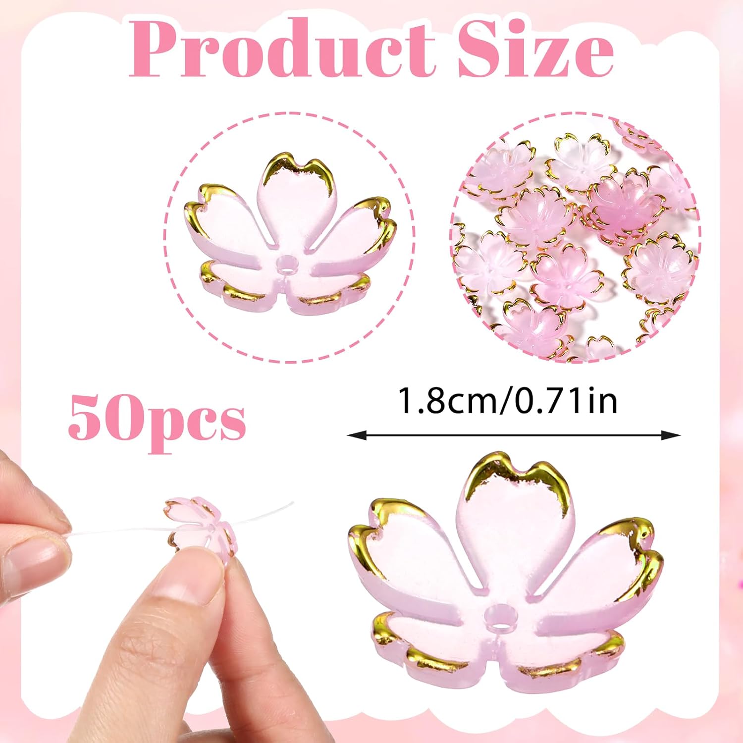 50 Pcs Cherry Blossom Beads, Pink Acrylic Flower Beads, Mini Cherry Blossom Gold-Plated Edge Floral Spacer Charms for Bracelets, Jewelry Making, DIY Charms - Image 2