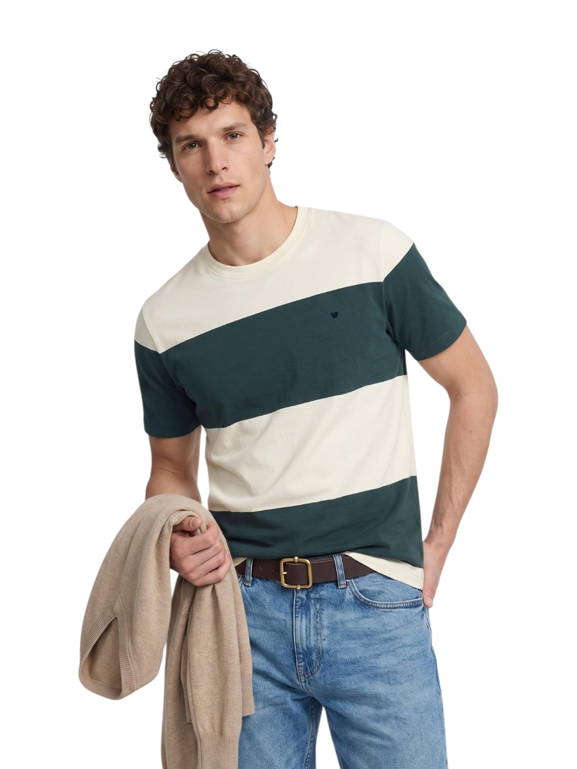 SILBON Camiseta Raya Ancha Verde Oscuro T-Shirt Uomo (Pacco da 1)
