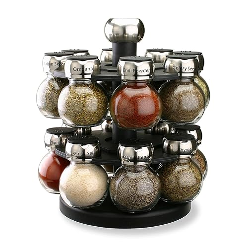 Olde Thompson Since 1944 Orbit Rotating Rack, 16 Refillable Spice Jars, Labeled Shaker Tops, 45, Black, Clear - 16 Glass Orbit Spice Rack