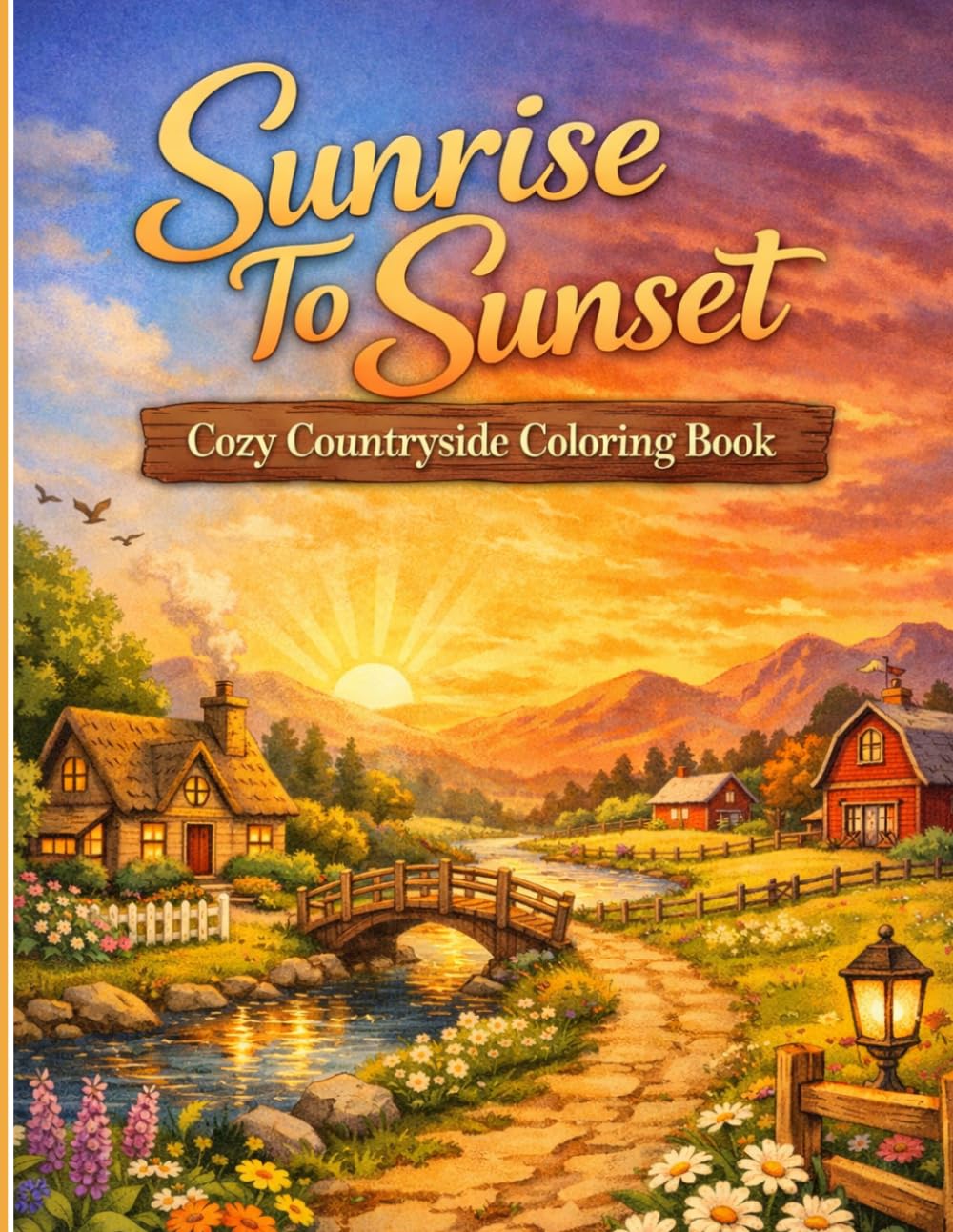 Sunrise To sunset Cozy Countryside Coloring Book: Relaxing Nature Scenes for Adults and Teens, Stress Relief and Creative Mindfulness