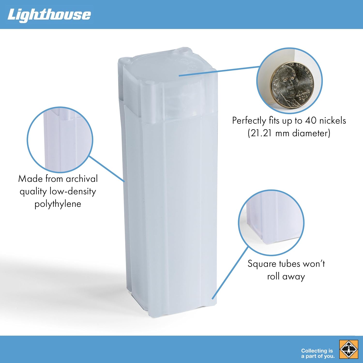 LIGHTHOUSE - Square Coin Tubes - Convenient Push Top, Virtually Unbreakable, Acid Free and Archival Quality - Coin Tubes for US Nickels, 100 Pack image 3
