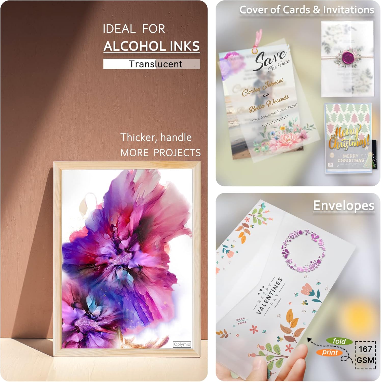 Thick Translucent Vellum Paper, Oplymio 42 Sheets 167GSM Printable Tracing Vellum Paper for Invitations, Envelopes, Heat Embossing, Belly Bands(8.5 x 11 Inches)