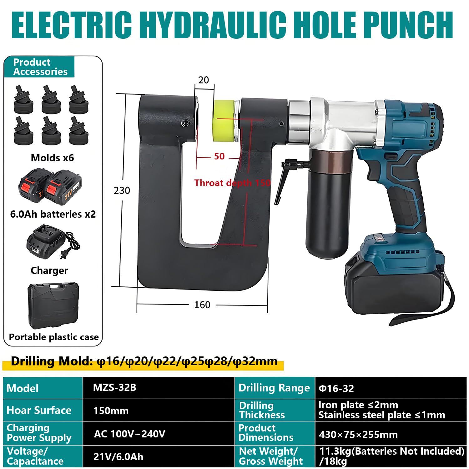 Perforadora Hidráulica, Herramienta Hidráulica De Punzonado, Profundidad De Garganta De 150 Mm, Con 2 Baterías De 6 Ah Y 6 Matrices, Rango De Punzonado De 16-32 Mm, Para Obras De Construcción
