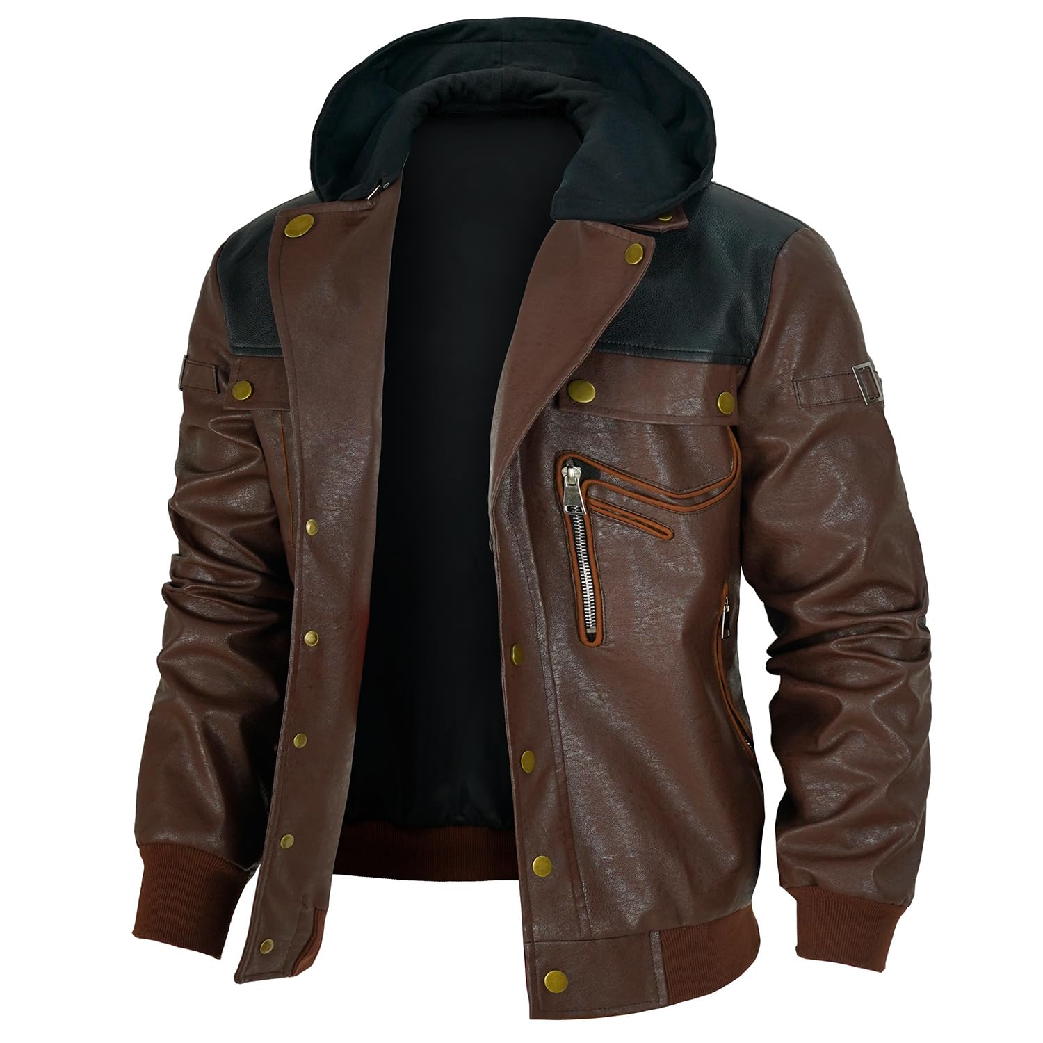 TZIISOA Mens Leather Jacket Vintage Hood Motorcycle