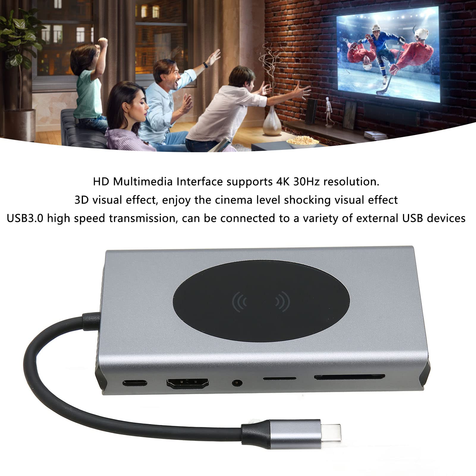 Yunseity Adaptador Multipuerto 13 en 1 USB C Hub, Tipo C a HDMI+VGA+USB3.0 * 5+SD+TF+RJ45+PD+AUDIO3.5+Carga Inalámbrica 10W Estación de Acoplamiento Dongle, Adaptador USB C Dongle