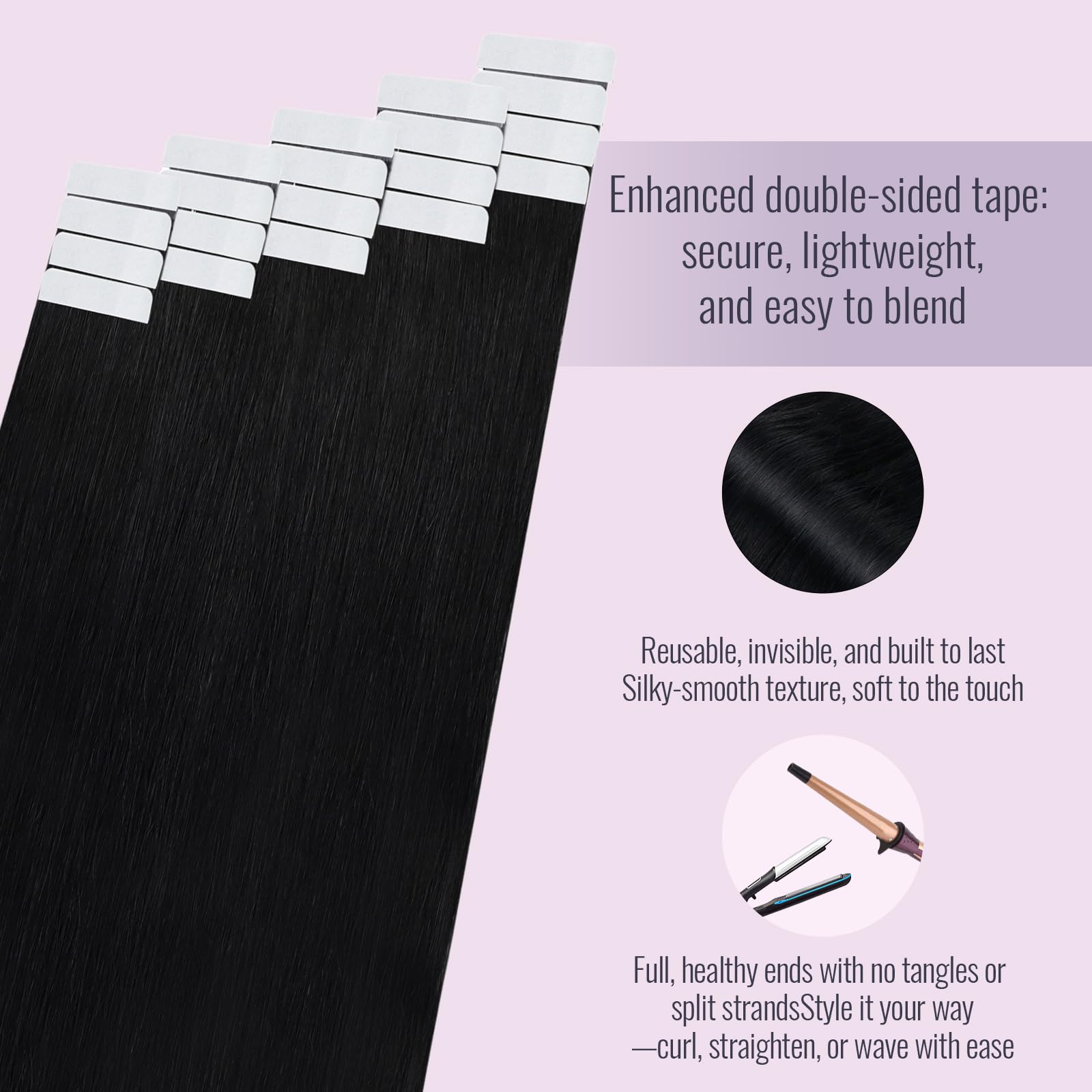 Fshine Extension Capelli 55 cm 50 g Nero Corvino Extension Biadesive Capelli Veri Tape Umani 20 pcs Extensions Veri Biadesivo Lisci Human Hair Matrimonio Colore 1