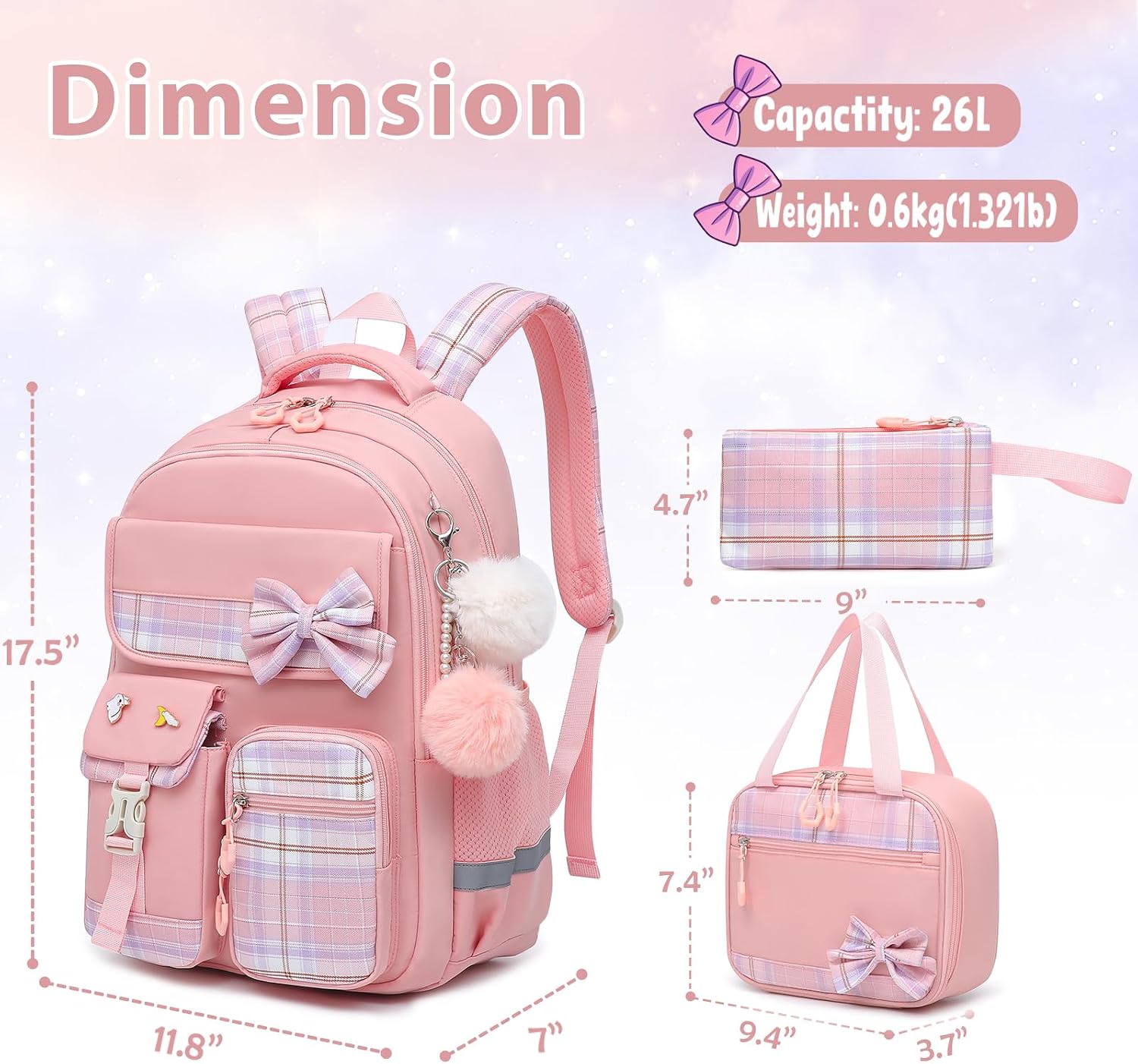 Alrisg School Backpack for Girls Kids Bookbag for Elementary Middle School Casual Travel Daypack Teen Backpacks Pink Set