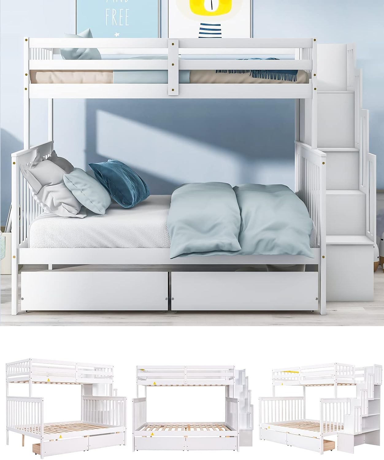 Tatub Twin Over Full Bunk Bed with Stairs and Drawers, fully assembled