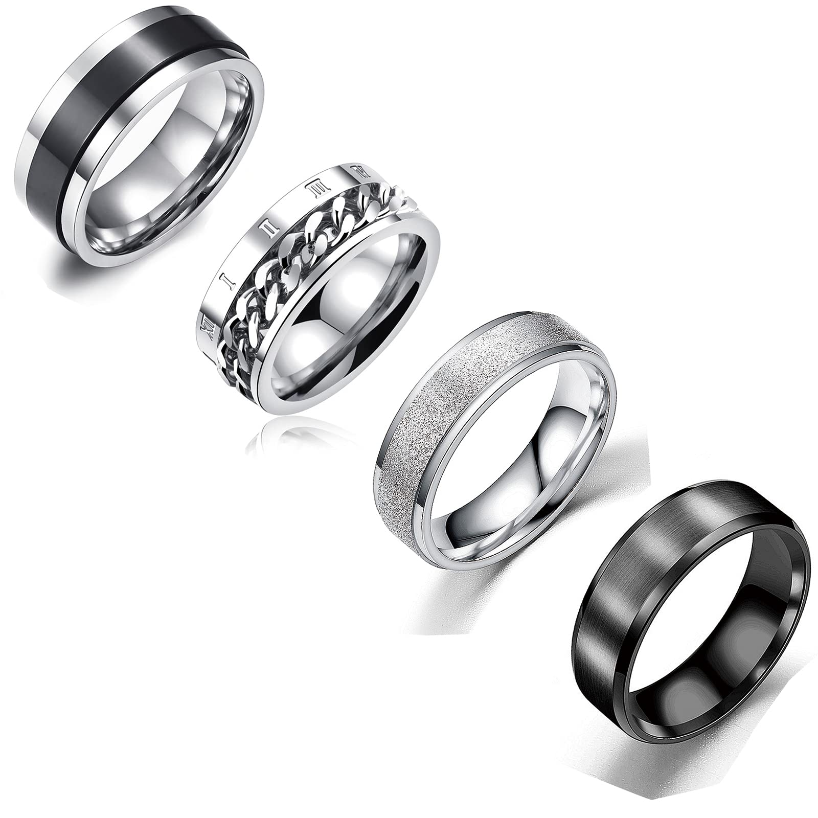 VELESAY 4 Piezas Anillos Hombre Acero Inoxidable Vintage Cadena Anillos Giratorios Anillos para Hombres Mujeres Anillos Hombre Negro Anillo Giratorio Hombre