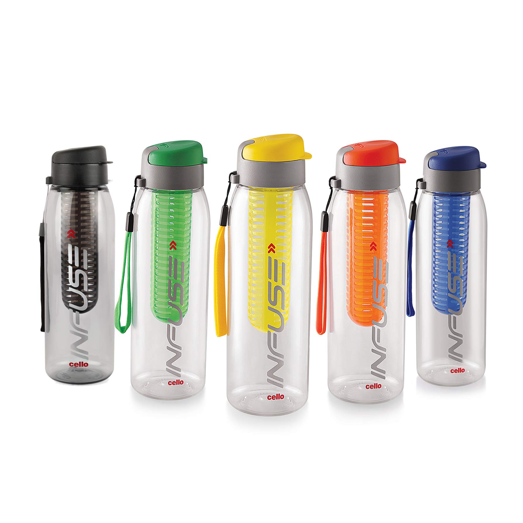 CELLO Infuse Water Bottle Set of 5, 800ml Assorted | Food Grade Unbreakable Detox Bottle with Infuser Chamber |Reusable Leakproof Lightweight Easy to Carry Fridge Pet Bottle For Home, Gym & Outdoor