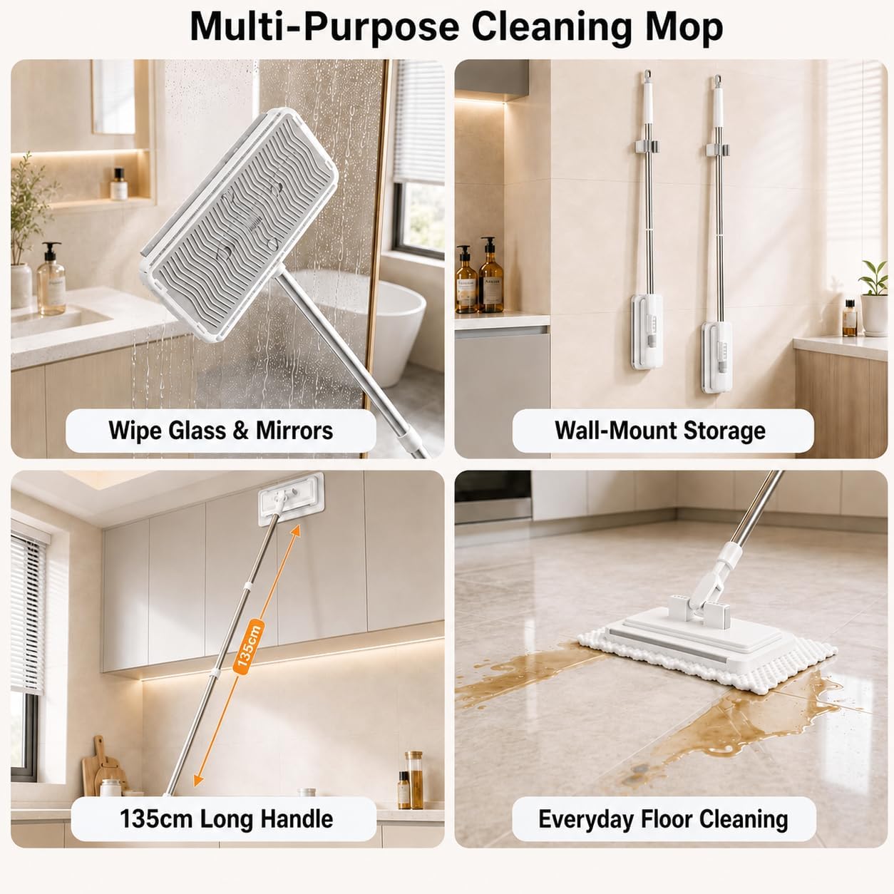 Hands Free Flat Mop with 5 Reusable Pads, One-Click Cloth Release, 53-Inch Extendable Stainless Steel Handle, Microfiber Mini Mop with Wall Holder for Hardwood, Tile, Bathroom, Kitchen and Glass