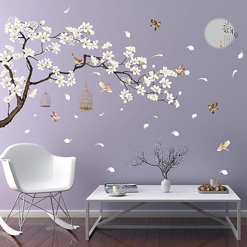 Miniatura 10 de RW-1005 Adhesivos de pared de ramas de árbol de magnolia blanca con pájaros voladores para despegar y pegar, calcomanías de pared 3D DIY luna,