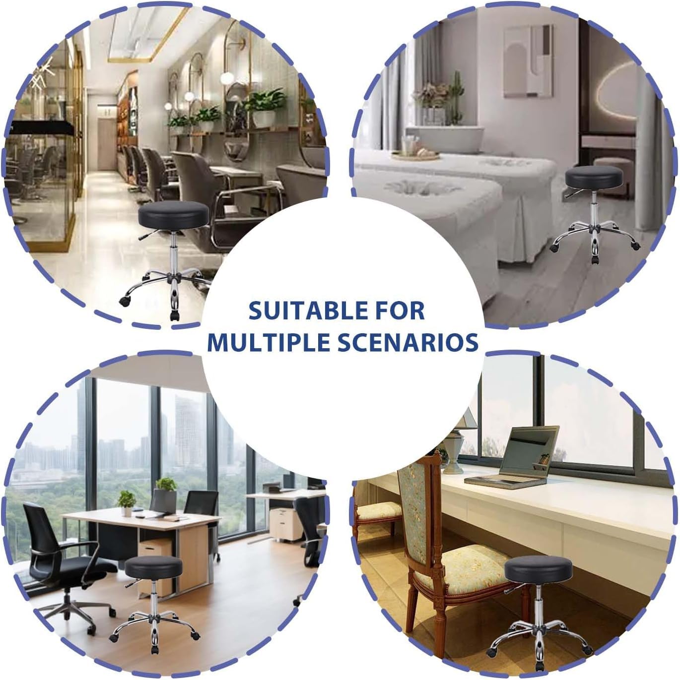 Taburete con ruedas giratorio de 360 grados, altura ajustable, 47 – 60 cm, silla de trabajo, silla de oficina, taburete acolchado, 150 kg de capacidad de carga