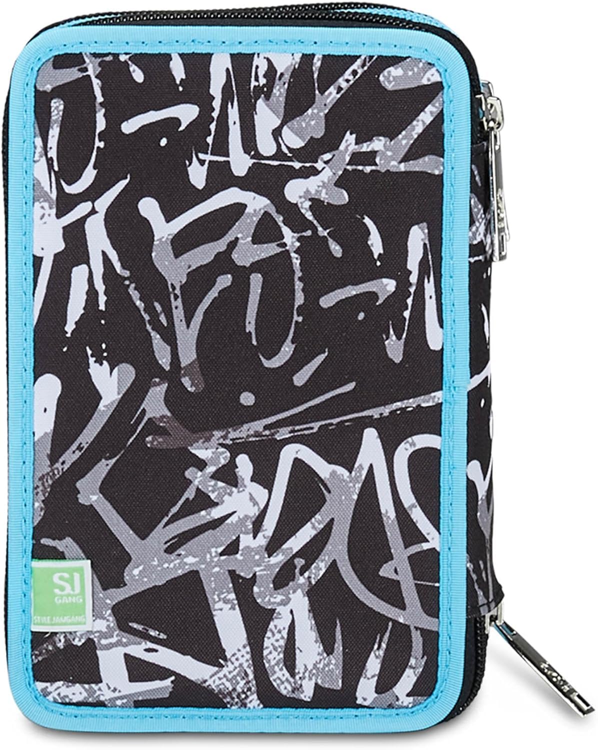 SJ Ever Set Zaino Scuola con Astuccio, Nero e Azzurro, Design Graffiti, Doppio Scomparto con Tasca Porta Borraccia, Astuccio 3 Zip Completo