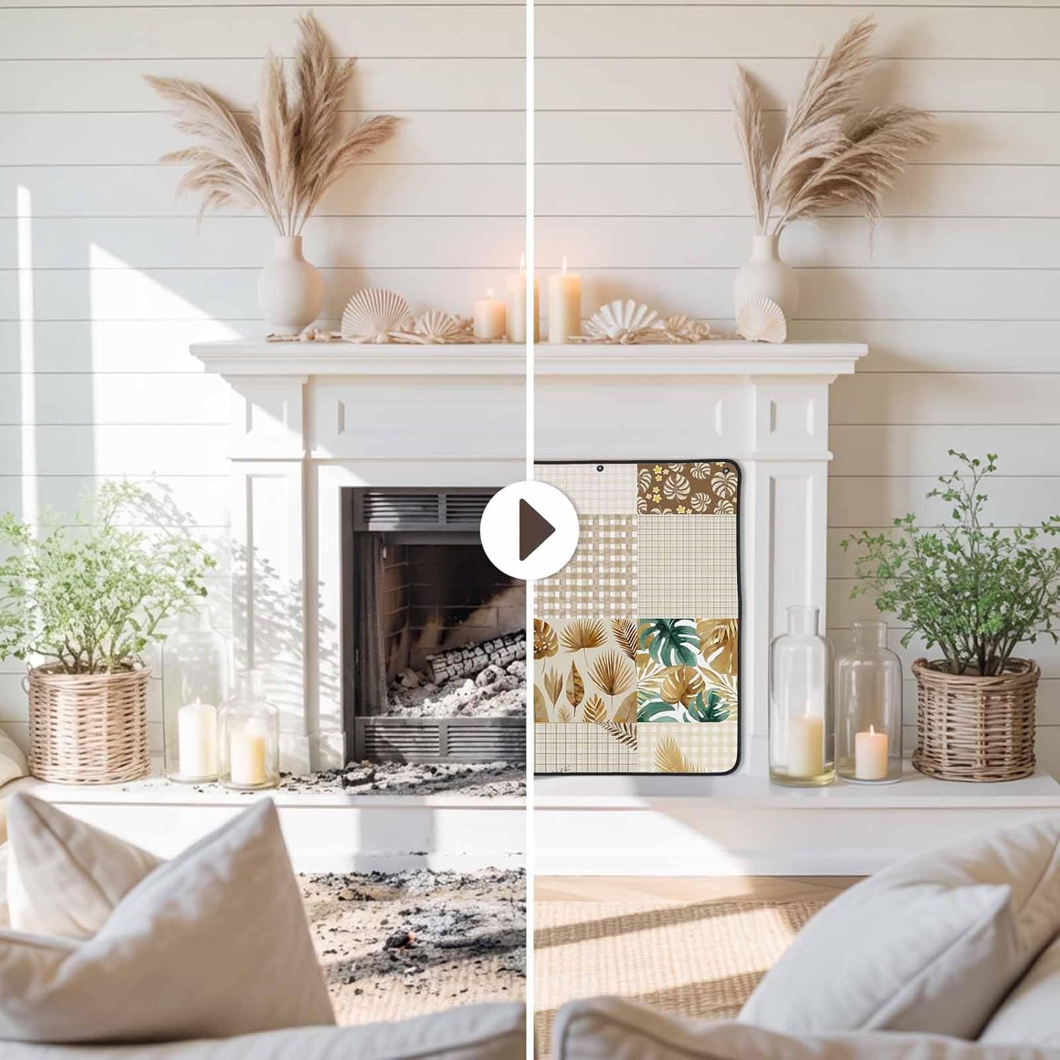 Magnetic Fireplace Cover Brown Botanical Patchwork Fireplace Screen Tropical Palm Leaves Plaid Insulation Fireplace Blocker Save Energy Fireplace Draft Stopper Covers for Living Room 36x30 Inch