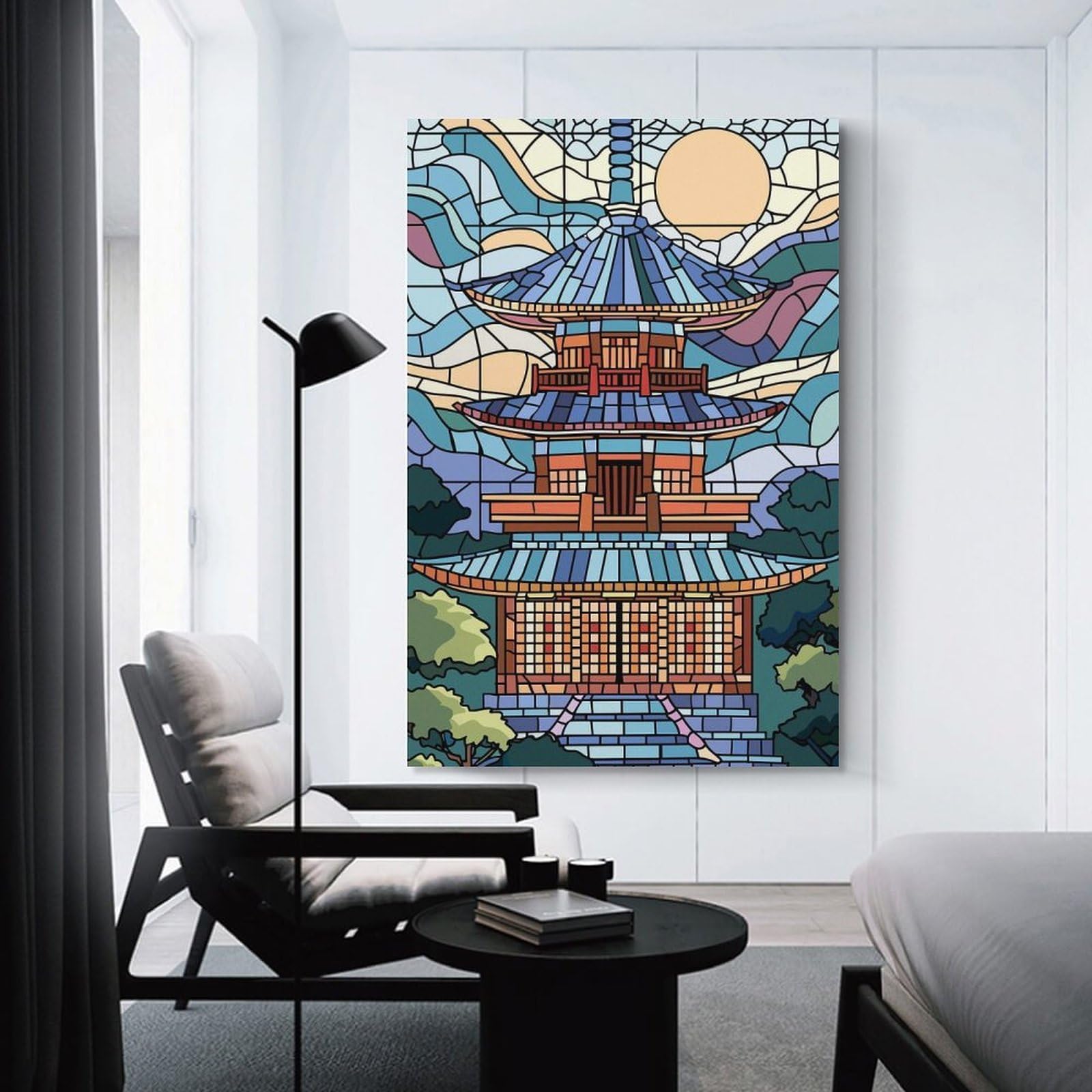 Junmoney Unframe-Style-8-1 Stained Glass Pagoda Landscape Wall Picture Print 20X30inch(50X75cm), For Lounge Decor, Offices Or Entryway Styling, Versatile Wall Decor For Many Rooms