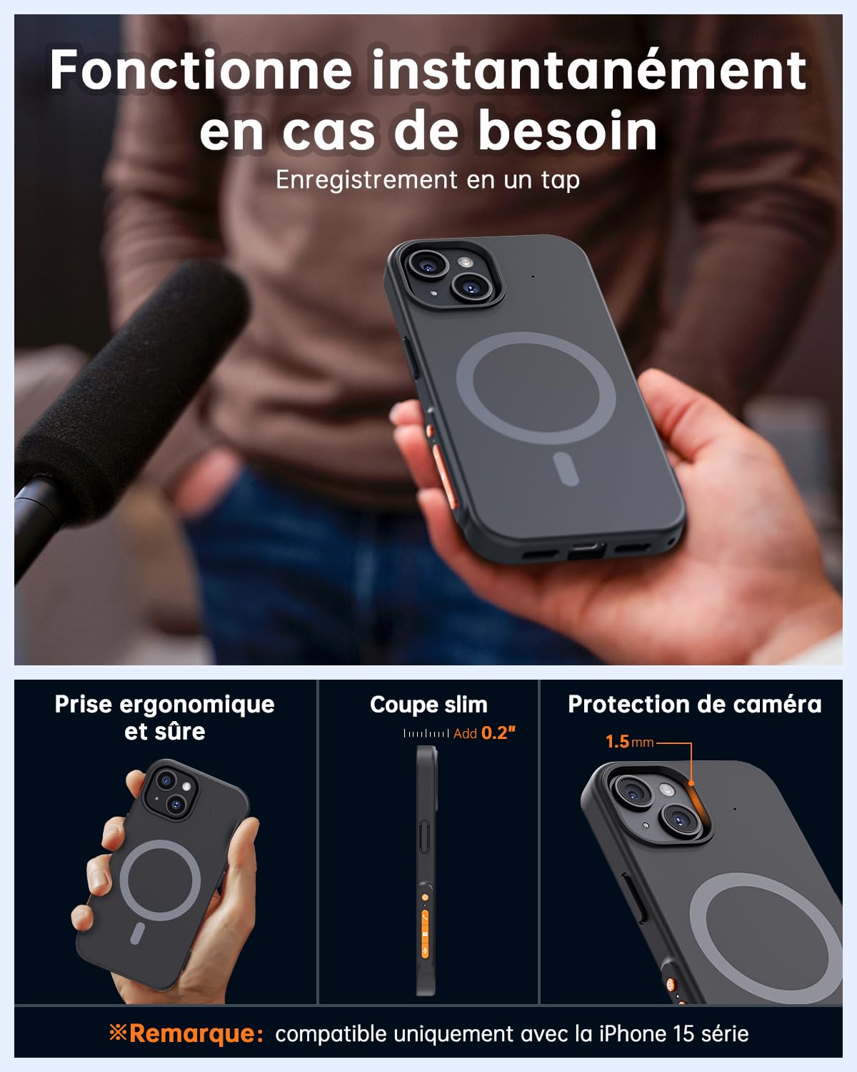 Enregistreur Vocal IA avec Étui Téléphone, Contrôle par App Transcription et Résumé IA Charge 80+ Langues, Enregistreur Vocal Numérique pour Conférences Réunions Appels Compatible avec iPhone 15
