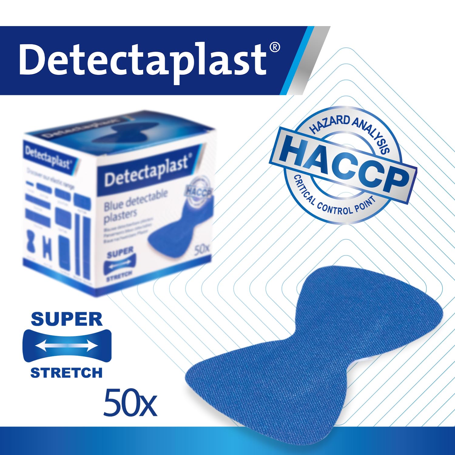 Detectaplast Waterproof Elastic Wound bandaids, 2.68 x 1.49 inches, Fingertip, 50 Pieces
