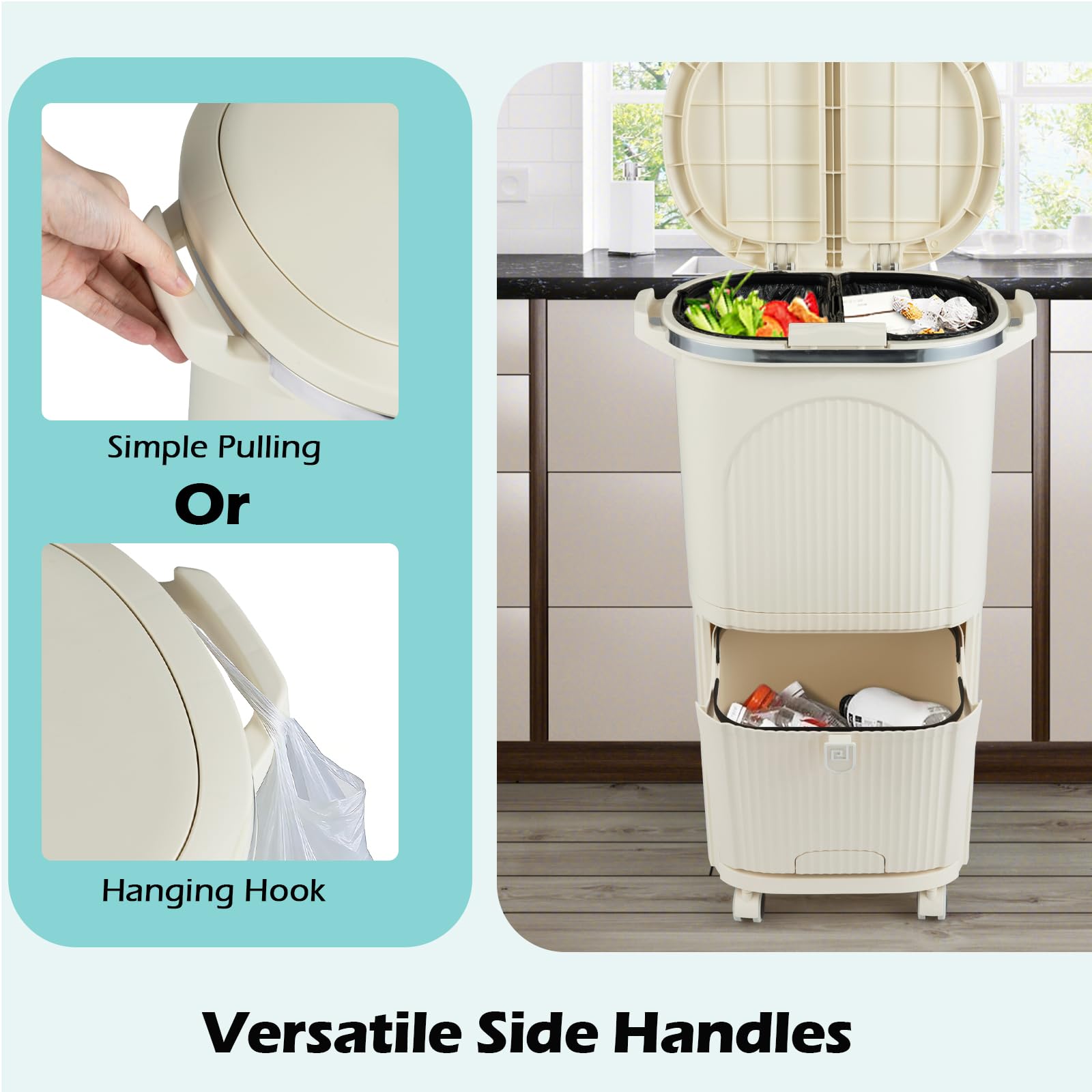 LIFEZEAL Cubo de Basura Reciclado de 38 L, de Plástico Beige, Diseño Vertical de 2 Capas con Pedal Oculto, Tapa a Presión, Ruedas con Frenos y Compartimentos para Clasificación de Residuos (Beige)