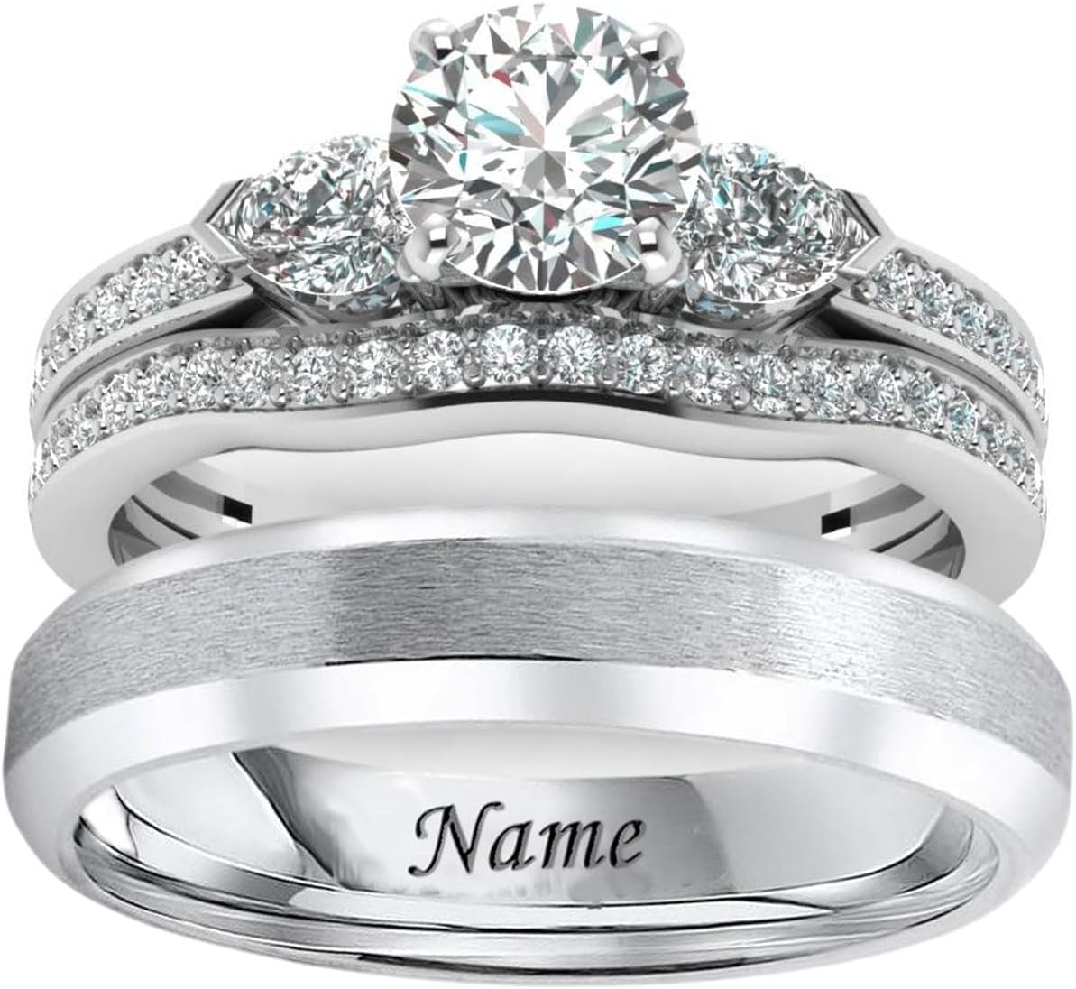 2.75 CT Moissanite 3 Stones Wedding Ring Sets for Couples,10K 14K 18K Solid Gold Cushion/Heart/Oval/Pear/Princess/Round Cut Bridal Ring Sets,Customized Matching Engagement Bands Set for Men and Women Free Engraving