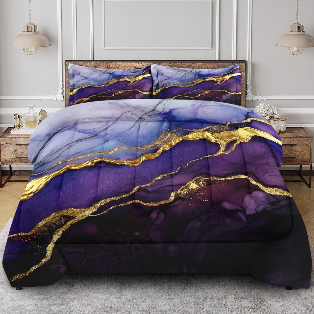 Purple Blue Marble Comforter Set for Kids Toddlers Teens Adults Full, Golden Stone Bedding Sets Water Washed Microfiber Bedding with 1 Comforter 2 Pillowcase All Season